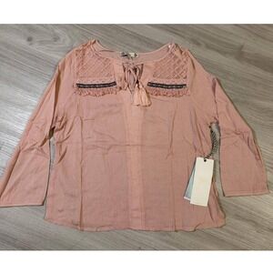 Iris Pink Lace Boho Blouse Top Womens Size L Tassel Tie Neck Bell Sleeve